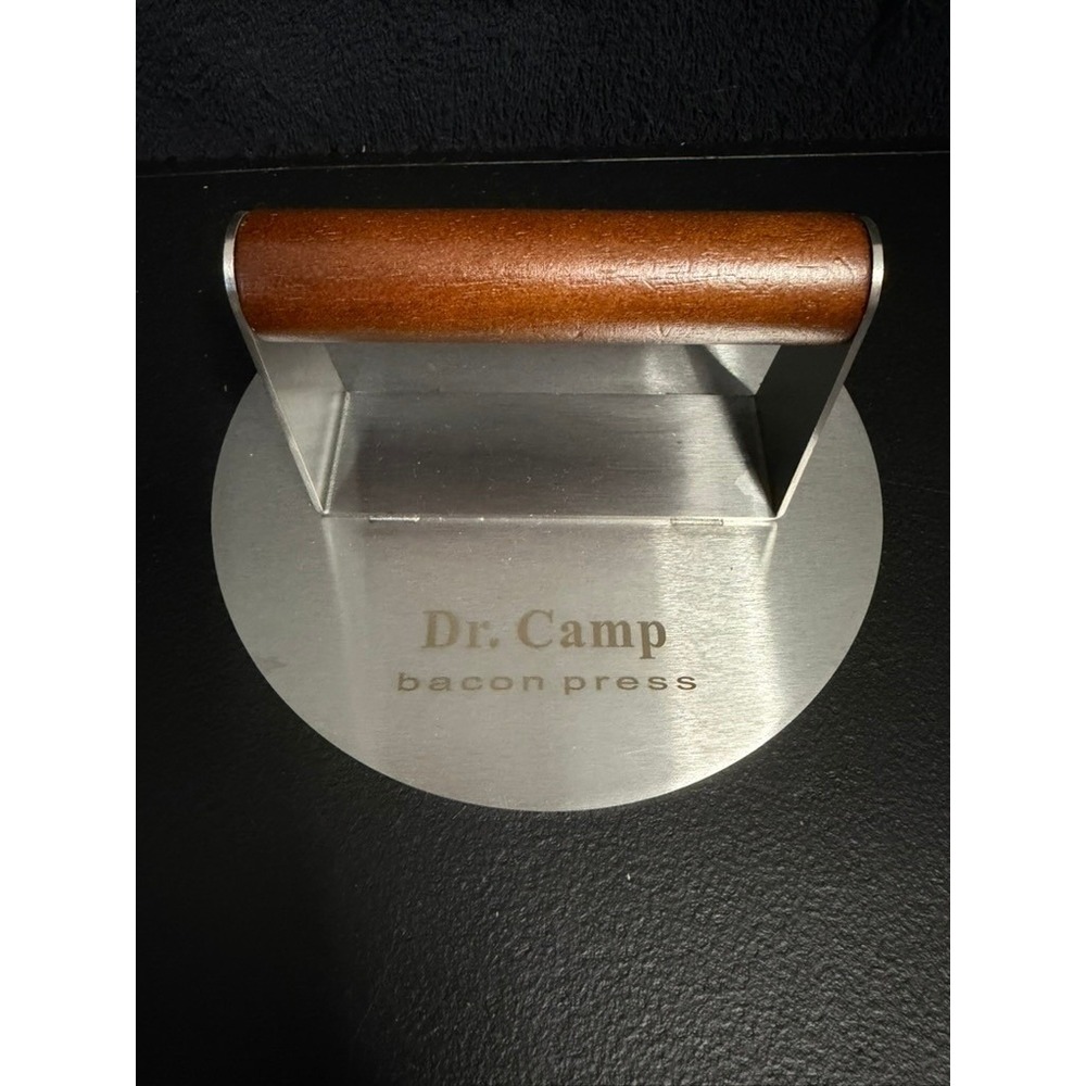 Dr. Camp Bacon Press Stainless Steel Round Meat Weight with Wood Handle Silver